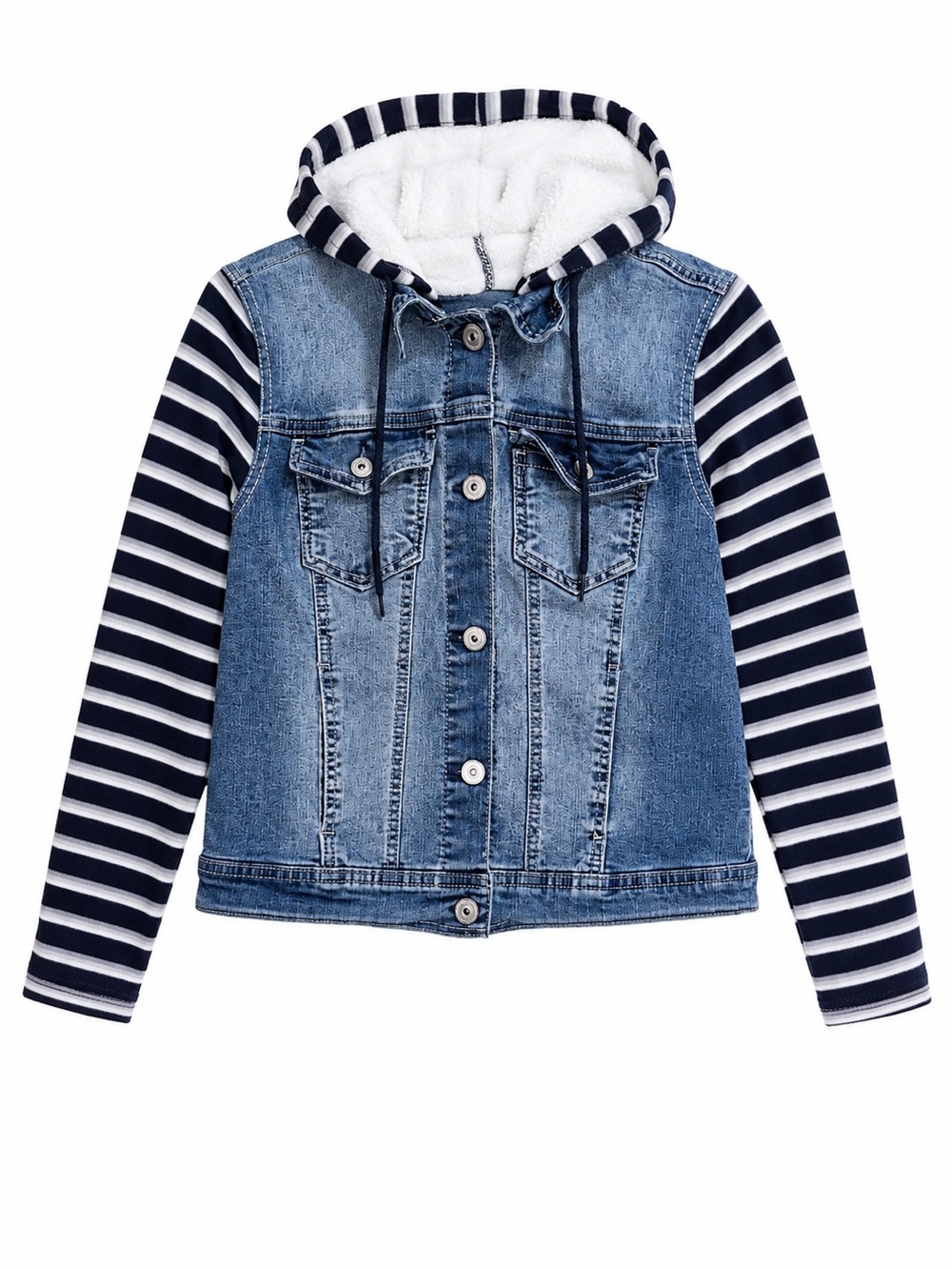 Wallflower Blue Denim Jacket with Navy & White Striped Hooded Sleeves